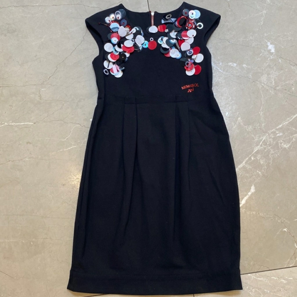 Mimisol Black Red Sequin Cotton Shift Dress Cap Sleeves 10